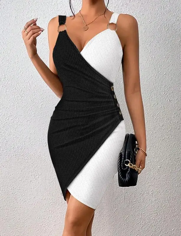 

Womens Dresses 2023 Summer Fashion Colorblock Buttoned Ruched Sexy Plunge Sleeveless Bodycon Daily Mini Asymmetrical Dress