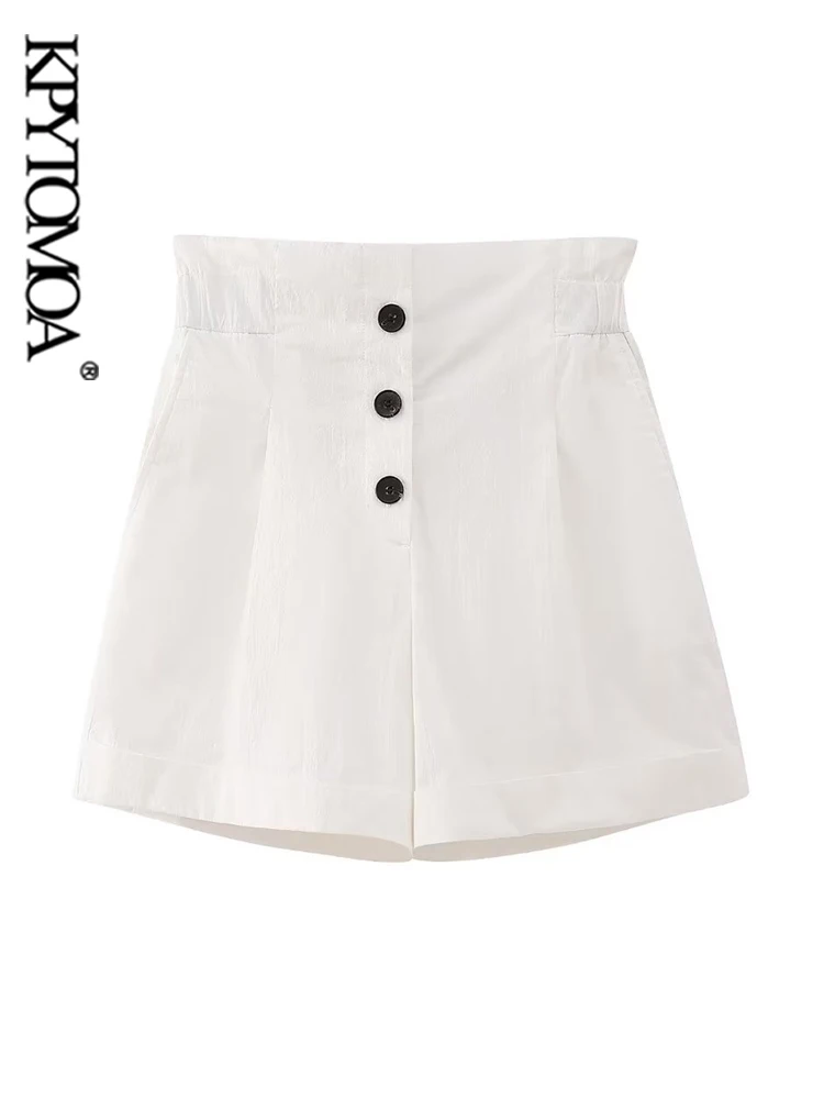 

KPYTOMOA Women Fashion Front Pockets Paperbag Bermuda Shorts Vintage High Waist Button Fly Female Short Pants Mujer