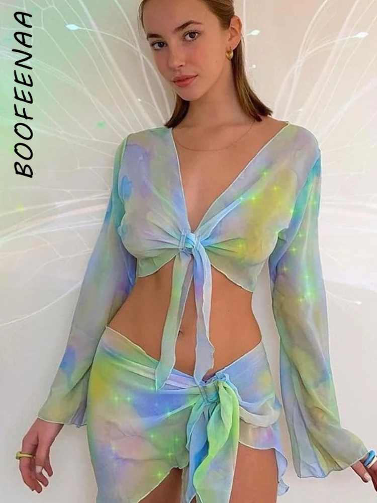 

BOOFEENAA Green Tie Dye Mesh Sheer 2 Piece Cardigan Skirt Set Sexy Beach Vacation Outfits Fairycore Festival Clothing C85-CE14