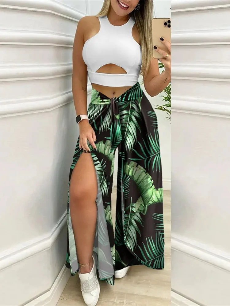 

Mandylandy Women Summer Elegant Cutout Crop Top Shirt & Tropical Print Slit Wide Leg Pants Two Piece Set Streetwear Outfits