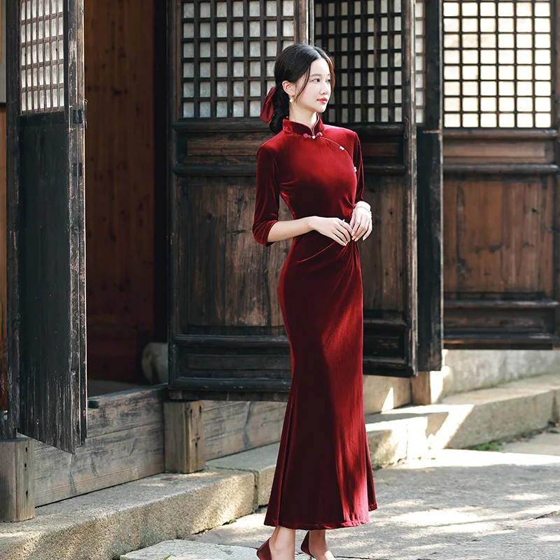 

Женское винтажное бархатное платье-русалка, элегантное облегающее платье с цветочной вышивкой и воротником-стойкой