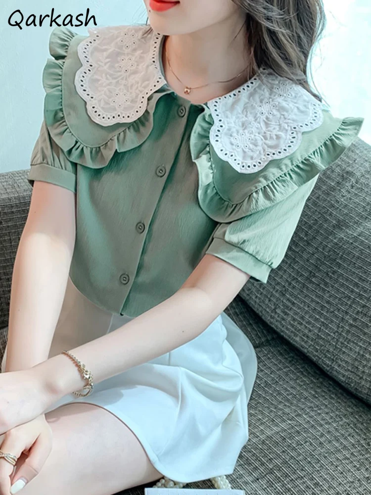 

Peter Pan Collar Shirts Women Lace Sweet Preppy Style Females Students Cute Elegant Harajuku Summer Tops Ulzzang Short Sleeve