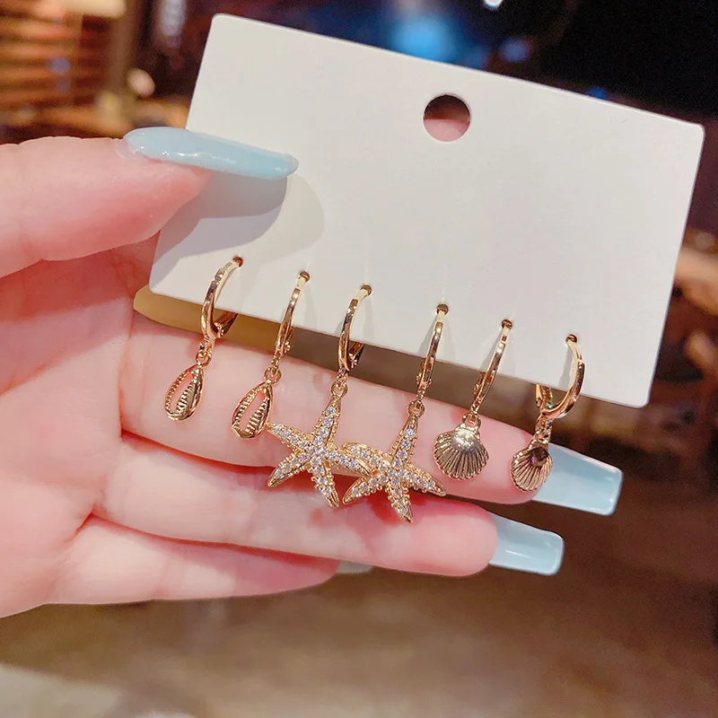 

Japan And South Korea Simple Small Fresh Set Earrings Cute Starfish Shell Zircon Six-piece Ear Jewelry