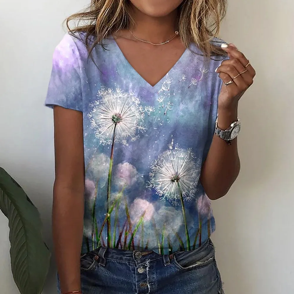 

2022 Women's Casual Holiday Weekend Floral Painting T shirt Tee Dandelion Short Sleeve Print V Neck Basic Tops