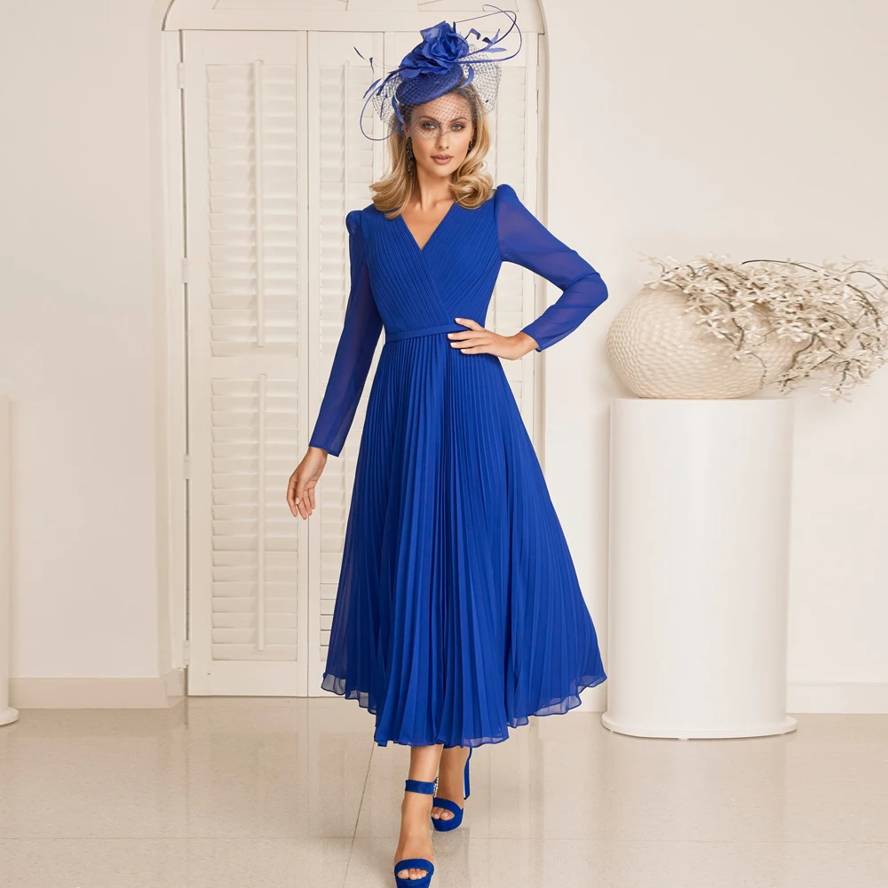 

Elegant Royal Blue Mother of the Bride Dresses V Neck Long Sleeves Wedding Party Gowns Pleat Tea Length A-Line فساتين السهرة