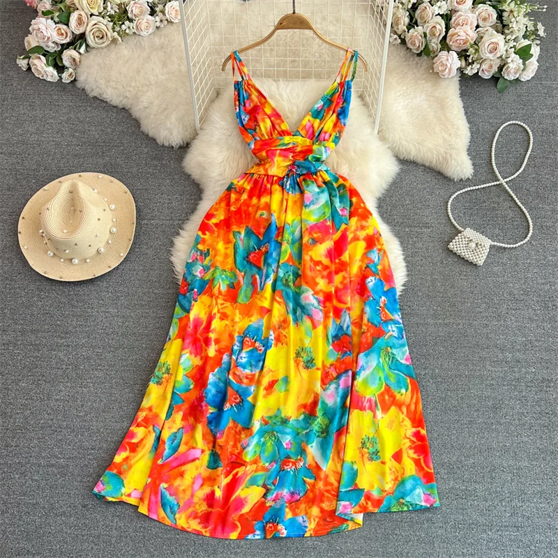

2023 New Vintage Floral Print Mid-Length Women Suspenders Dress Summer High Waist V-neck Sleeveless Ladies Dresses Vestidos