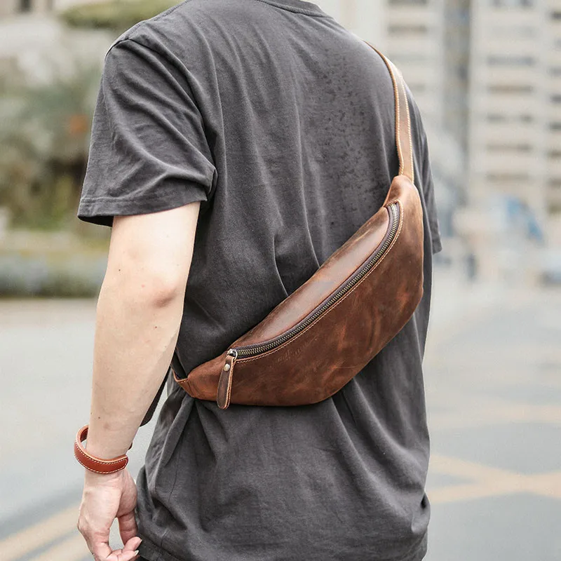 Retro fashion crazy horse  leather backpack riding men's shoulder bag natural real cowhide waist bag  shoulder  small chest bag