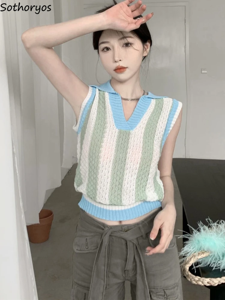 

Tanks Women Crop Sweet Design Striped Fashion Korean Style All-match Retro Knitwear Summer Hot Girls Casual Ins Sexy Streetwear
