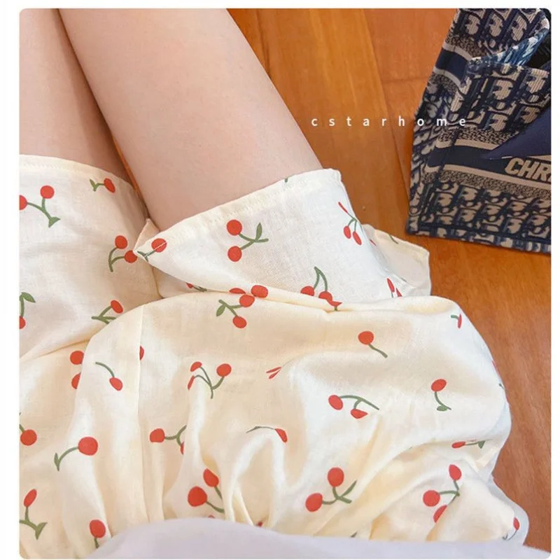 

Cherry Print Sleep Shorts Bottoms Summer Pajamas Pants for Women Sleepwear Korean Style Home Clothes Elastic Waist Room Wear New