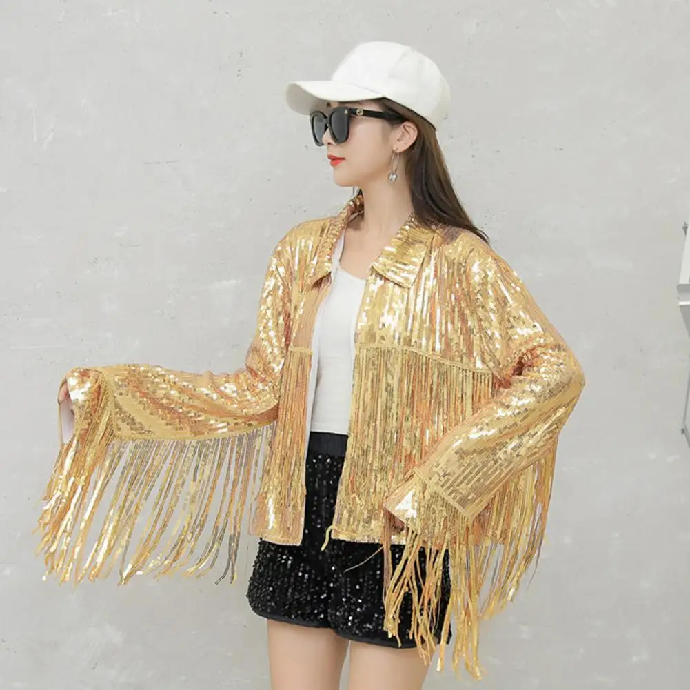 

Stylish Bar Outerwear Sparkling Women Coat Open Stitch Women Shining Sequins Wine Bar Coat Dressing Up