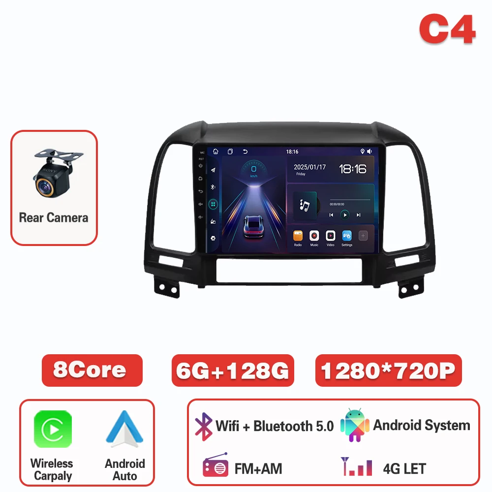 

Android 15 Carplay для Hyundai Santa Fe 2 2006-2012 Автомагнитола Авто 4G WIFI GPS Навигация Мультимедийный видеоплеер Стерео BT DVD