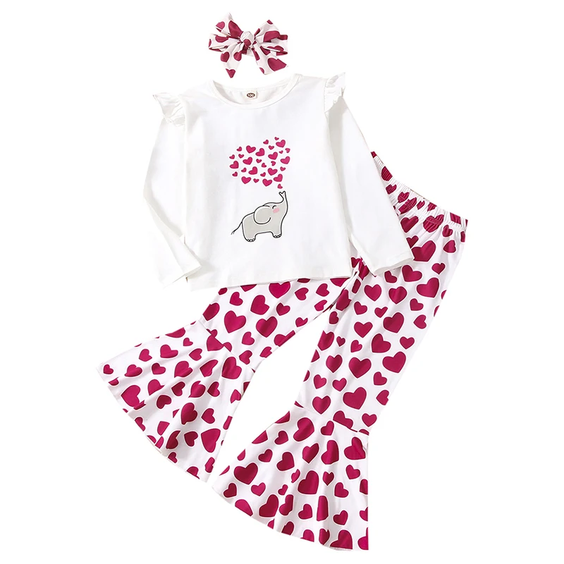 

3PCS Set Kids Baby Girl Long Sleeve Cotton T-shirt Tops Heart Print Flared Pant Headband Outfits Girls Clothing Sets