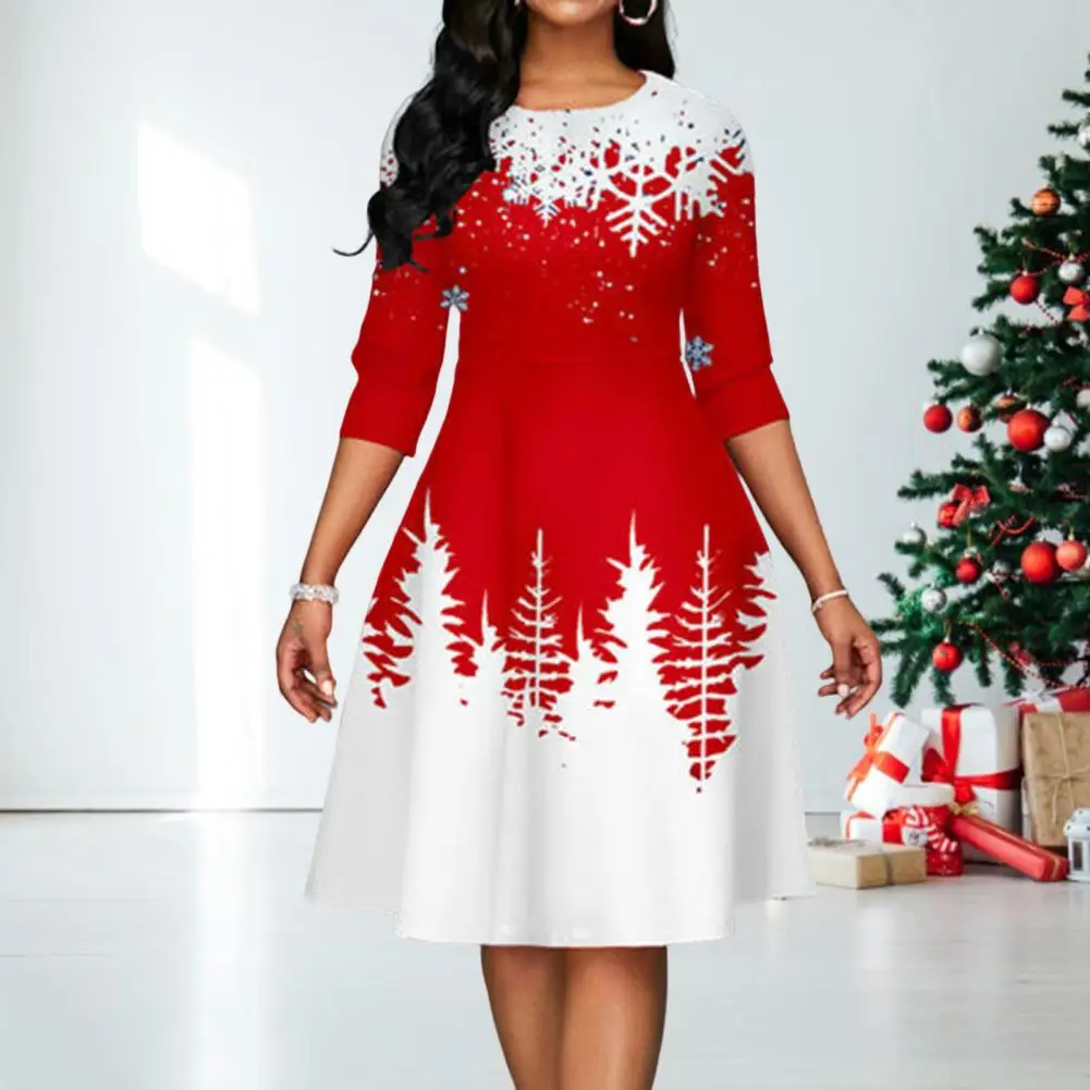 

Party Dress 3/4 Sleeves Autumn Dress Christmas Themed Print Skater Hem Midi Dress Christmas Snowflake Print A-Line Dress