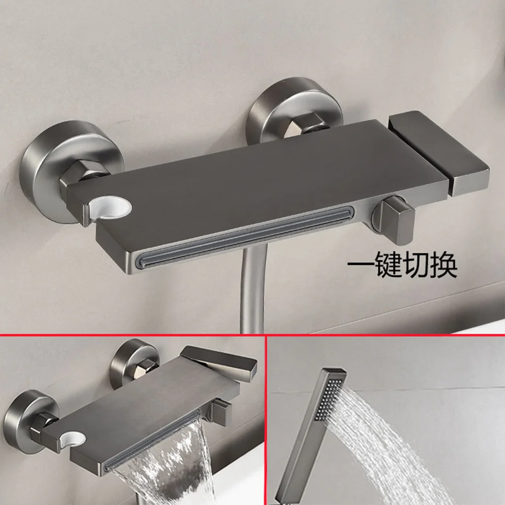 Серый латунный современный смеситель для душа с водопадом настенный ручной