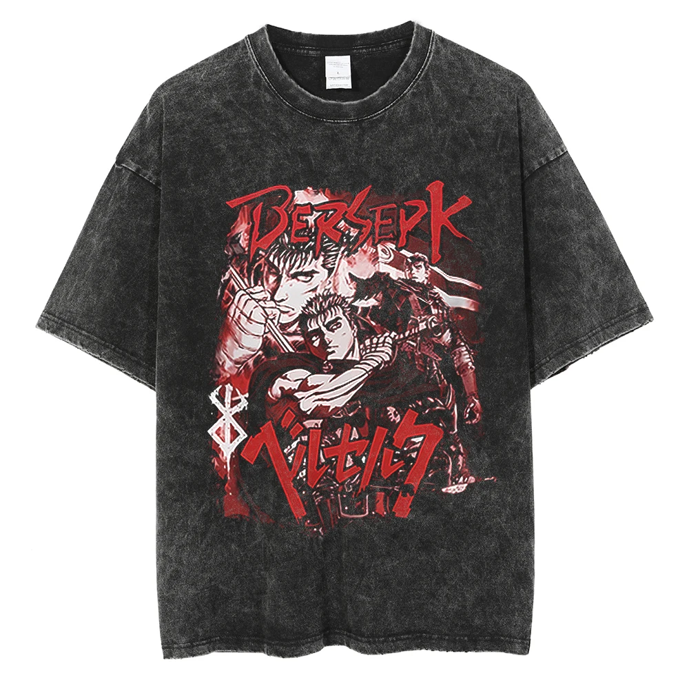 

Vintage T-Shirt Streetwear Hip Hop Men Japanese Anime Berserk Graphic Washed T Shirt Men Harajuku Cotton Casual TShirt Tops