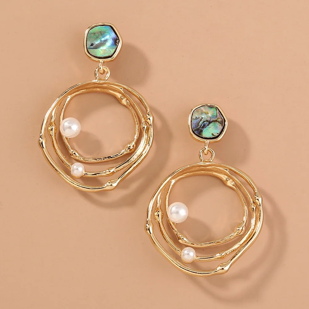 

Natural Abalone Shell Stud Earrings Geometric Circle Hollow Gold-color Round Pearl Drop Earring for Female Trendy Jewelry