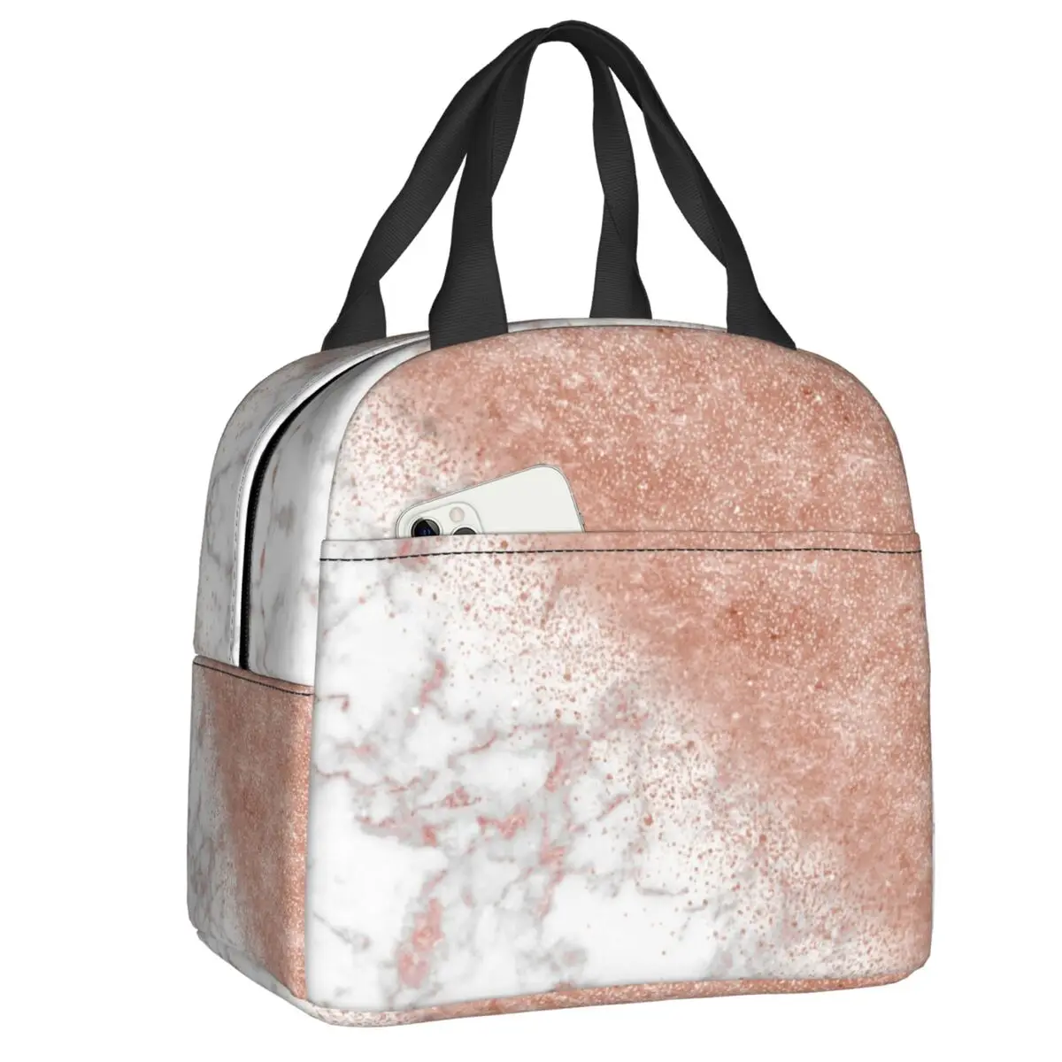 

Custom Elegant Faux Rose Gold Confetti White Marble Lunch Bag Women Warm Cooler Insulated Lunch Box for Kids School Children