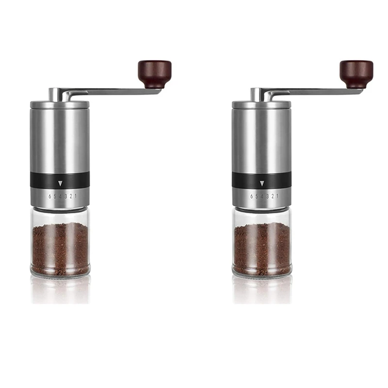 

2X Manual Coffee Grinder - Hand Coffee Mill With Ceramic Burrs 6 Adjustable Settings - Portable Hand Crank (Straight)