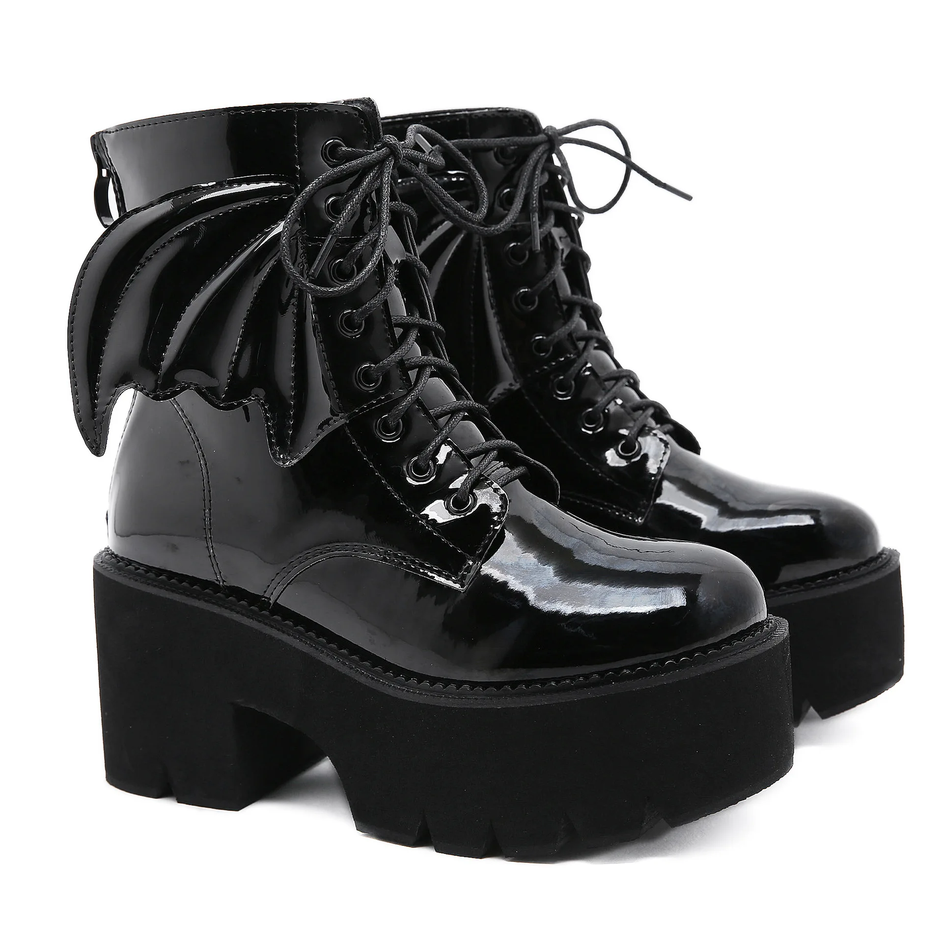 

2020 New Boots Black Monster Elf Patent Leather Short Boots Front Lace-up Locomotive Thick-soled Women's Boots