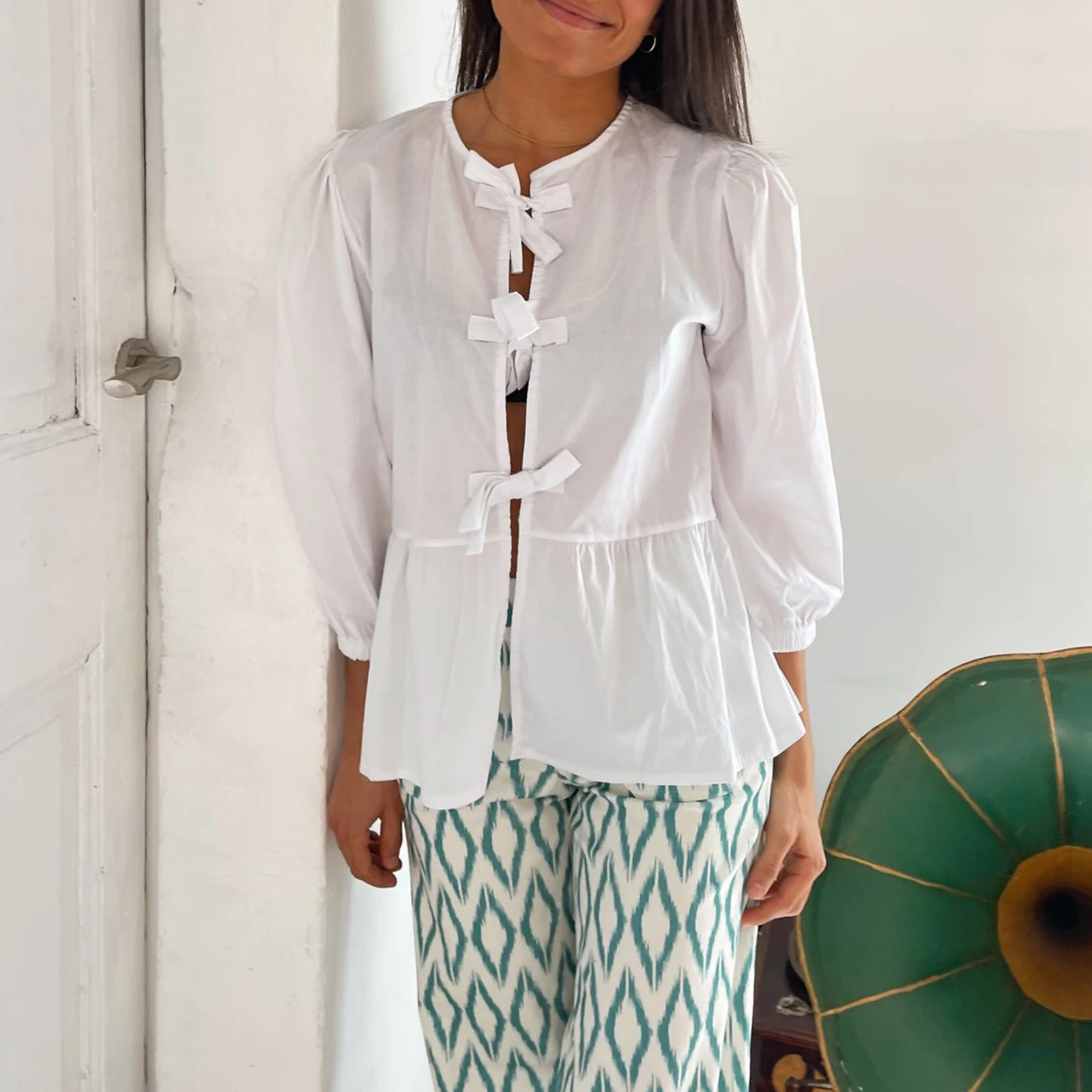 Женские рубашки Y2K с коротким рукавом буфами и баской блузка в полоску завязкой