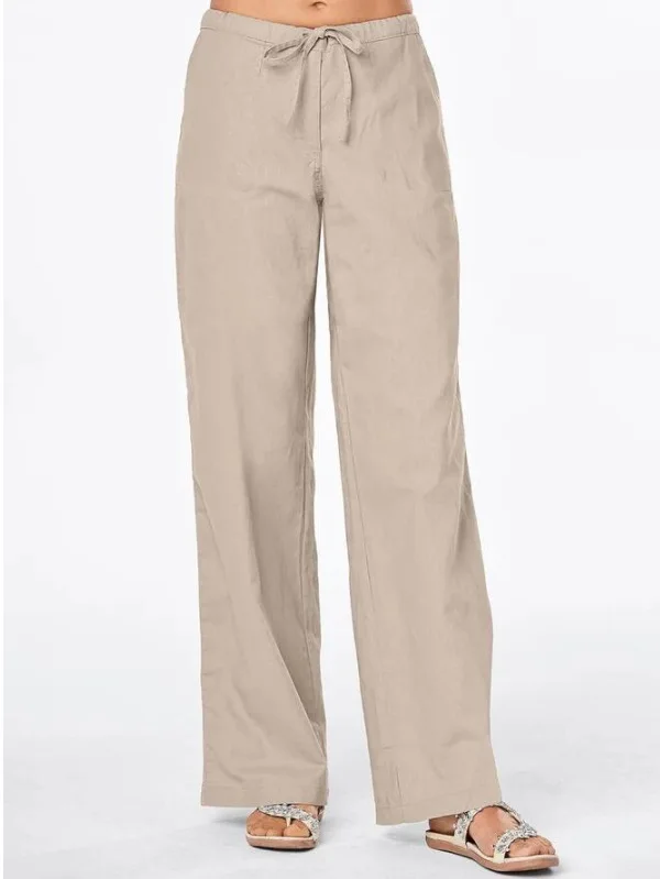 2023 Summer Cotton Linen Women's Long Pants Black Drawstring Pockets Wide-leg Casual Pants Female Loose Elegant Ladies Bottom