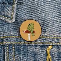 frog on mushroom printed pin custom funny brooches shirt lapel bag cute badge cartoon cute jewelry gift for lover girl friends