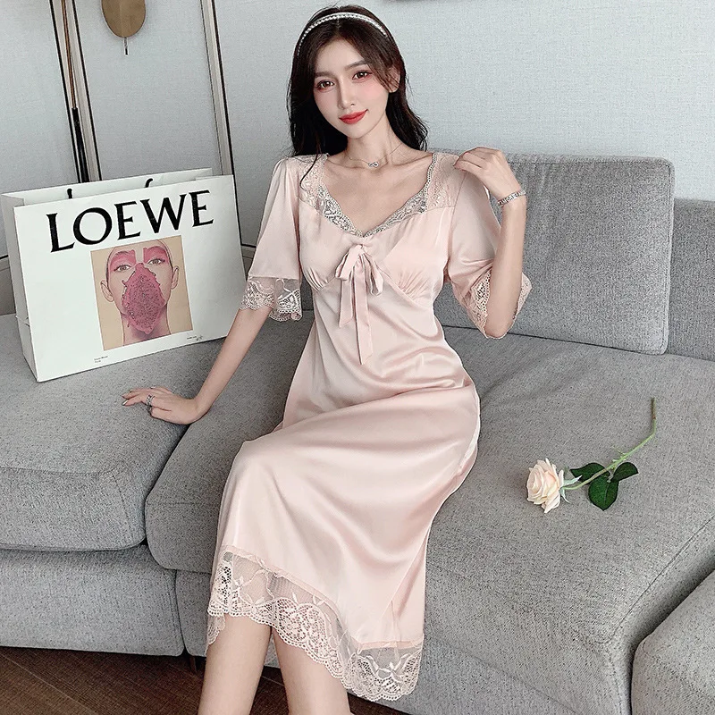 

Lace pajamas spring and autumn ice silk long one-piece nightdress thin style with breast pad can be worn outside home clothes