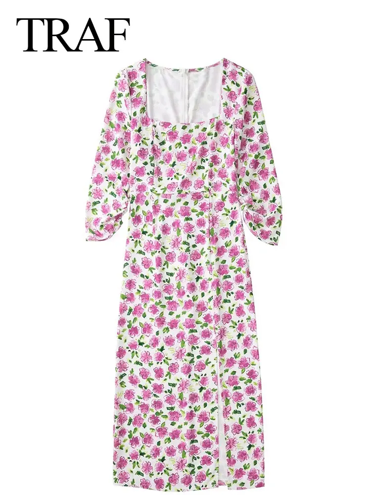 

TRAF Ladies Square Neck Floral Dress Side Slit Long Sleeve Sexy Slim Retro Street Country Style Fashion Midi 2022 Dress Clothing