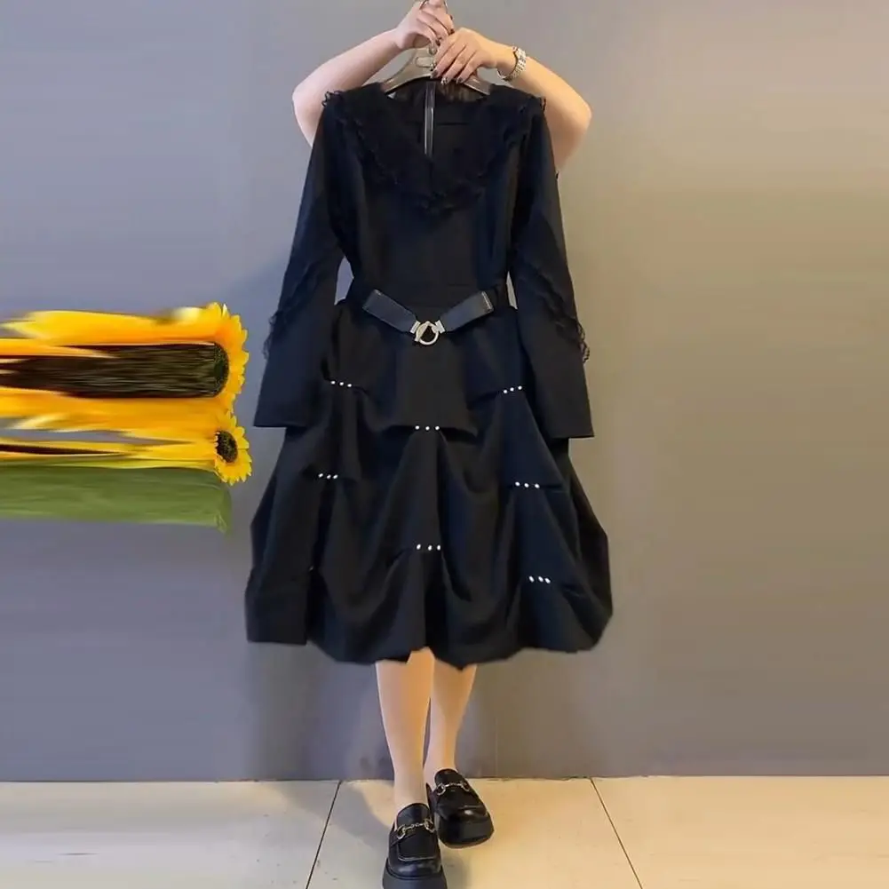 

Женское винтажное платье с длинным рукавом, черное свободное Повседневное платье оверсайз с V-образным вырезом, модель V433 на весну и осень, 2023