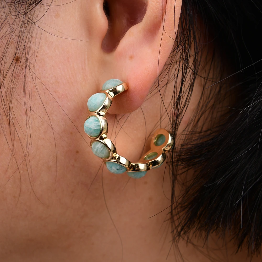 Серьги-кольца с натуральным зелёным амазонитом позолоченные