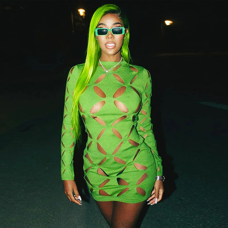 

Sexy Hollow Out See Through Mini Dress for Women Fahion O Neck Long Sleeve Bodycon Club Party Dresses Black White Y2K Robe Femme