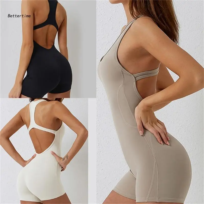 

B36D Womens Seamless Workout Jumpsuits One Piece Yoga Rompers Lady Backless Jumpsuits
