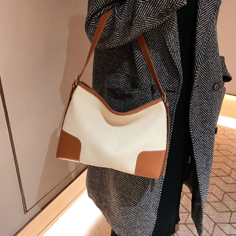 Retro PU Splice Contrast Tote Handbags Women's Fashion Shoulder Bags Large Capacity Versatile Satchel Travel Commute Storage Bag