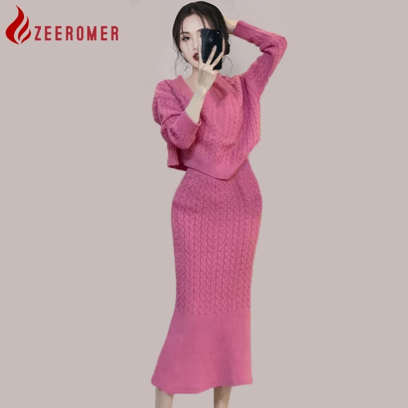 

2023 Autumn Winter Korean Fashion Knit 2 Piece Set Women V-Neck Long Sleeve Solid Pullover Sweater Slim Midi Mermaid Skirt Suit