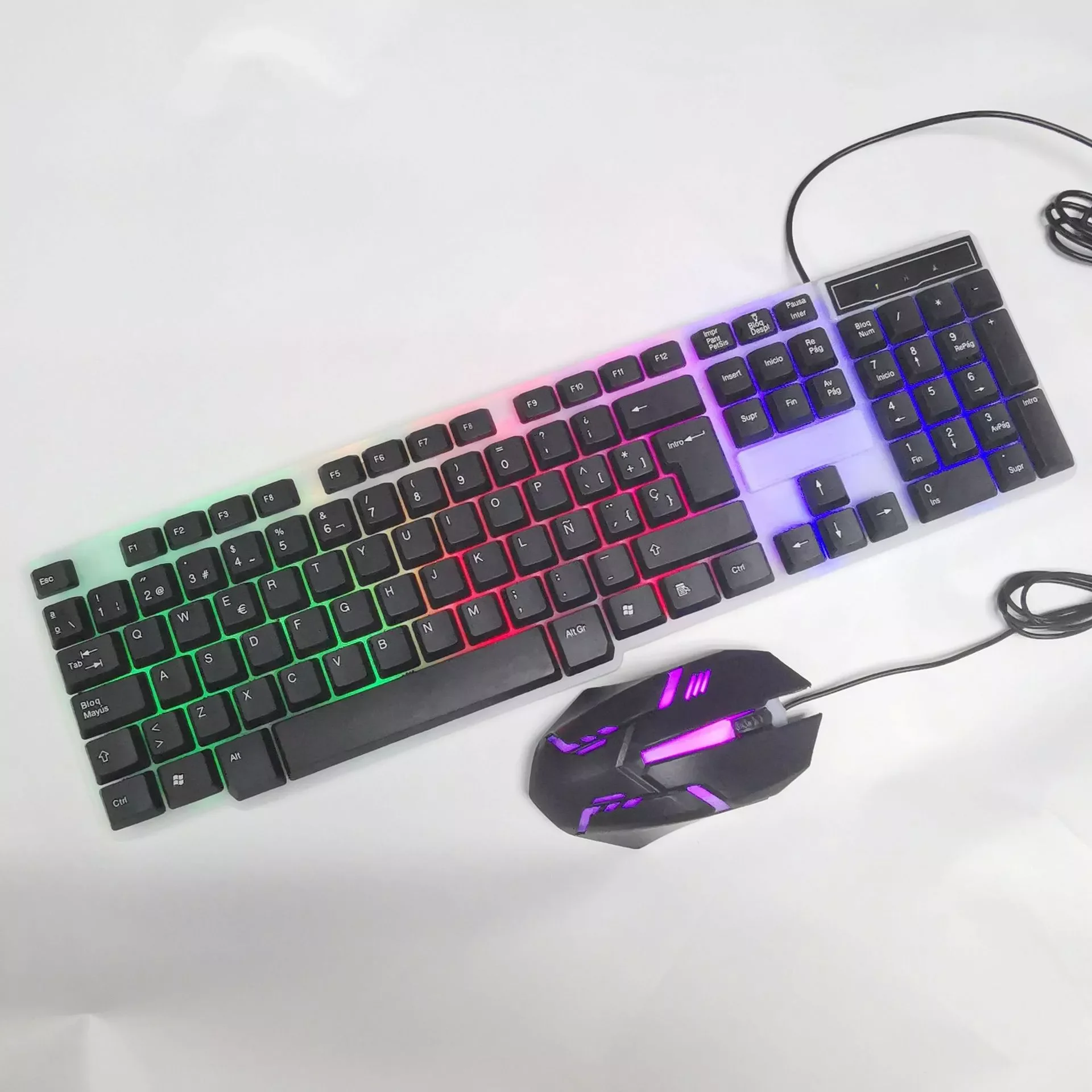 

105 Keys Backlight Keyboard Ergonomic Mouse Kit USB Wired Spanish Keyboard Mouse Combo with Suspended Keycaps Plug and Play