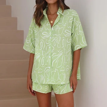 Summer 2 Piece Set Drawstring Waist Ladies Shirt Tops Short Pant Suit Single Breasted Turn Down Collar Printed Blouses Trousers 1