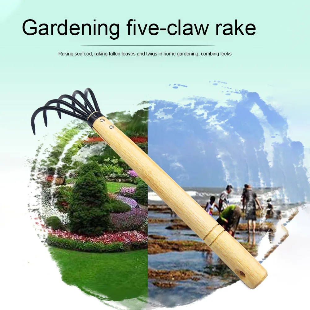 

Lightweight Garden Rake Wooden Handle Transplanting Portable 5 Claws Digging Lawns For Soil Leaves Agriculture Cultivating Plant