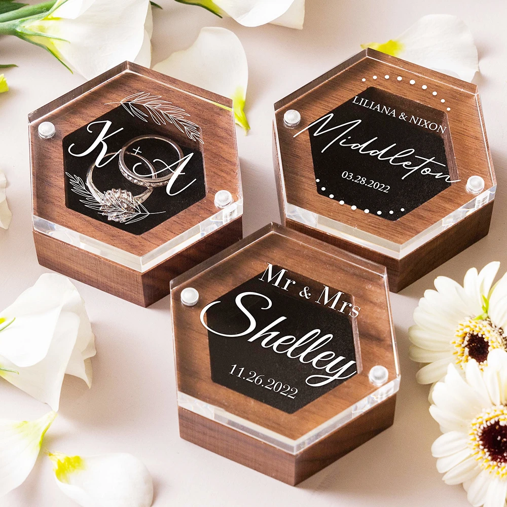 

Personalized Acrylic Wood Wedding Ring Box for Wedding Ceremony Custom Hexagon Engagement Ring Bearer Box Bride Groom Gift