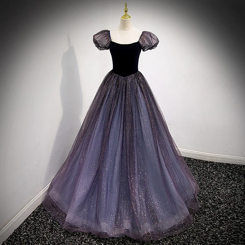 Шикарные блестящие платья для Quinceanera темно-синие короткие пышные рукава длинное