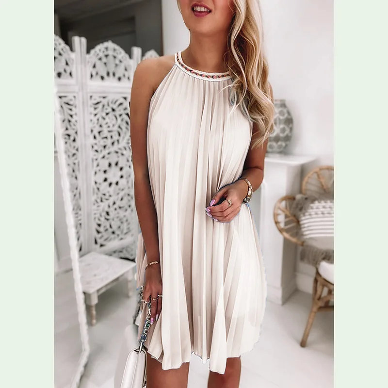 

Однотонное Плиссированное Женское Платье трапециевидного силуэта, повседневное Свободное платье с воротником-стойкой без бретелек, летнее сексуальное пляжное платье без рукавов