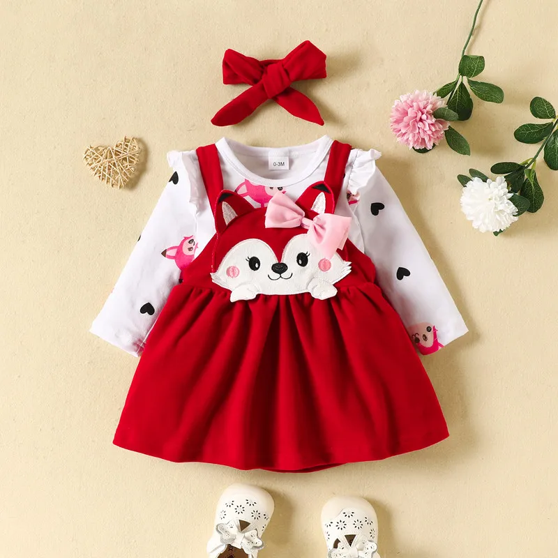 

Newborn Baby Girl Skirt Sets Autumn Clothes 3 Piece Outfits Long Sleeve Ruffle Bodysuit Tops and Fox Suspender Skirt Headband