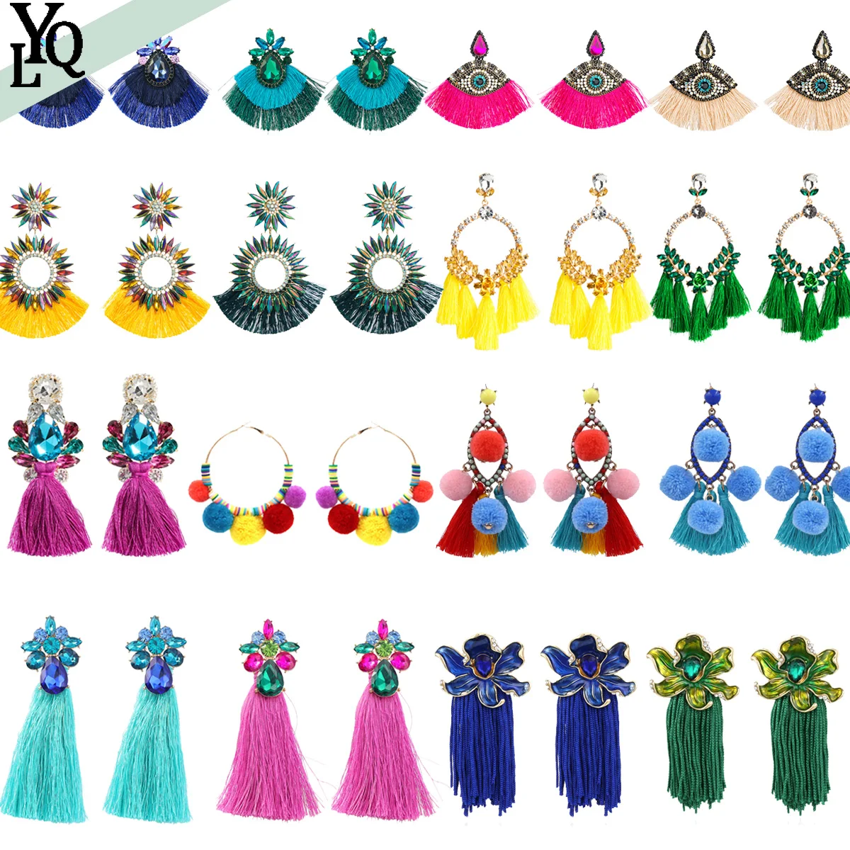 

Fashion Color Diamond Alloy Inlaid Diamond Glass Diamond Flower Tassel Earrings Female Exaggerated National Style Jewelry