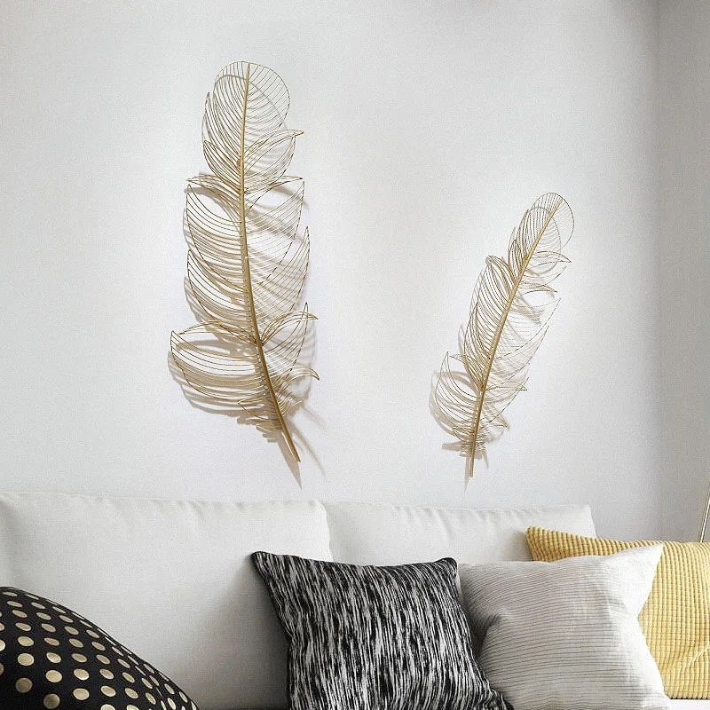 

Mediterranean living room TV background wall decoration creative wall pendant golden feather handmade wrought iron home decor