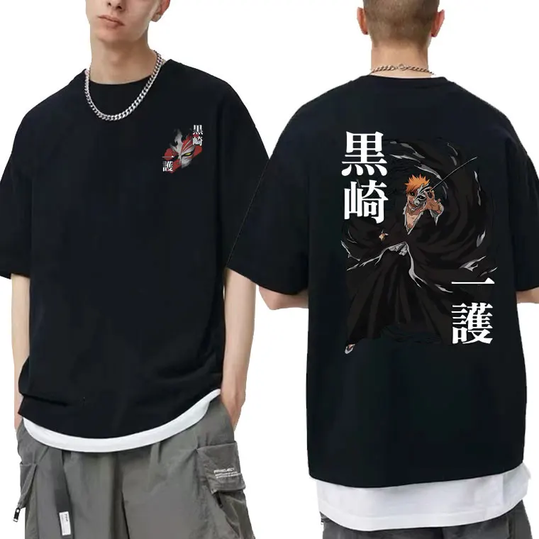 

Japanese Anime Bleach Kurosaki Ichigo Double Sided Print T Shirts Men's Manga Hip Hop T-shirt Men Casual Loose Short Sleeve Tees