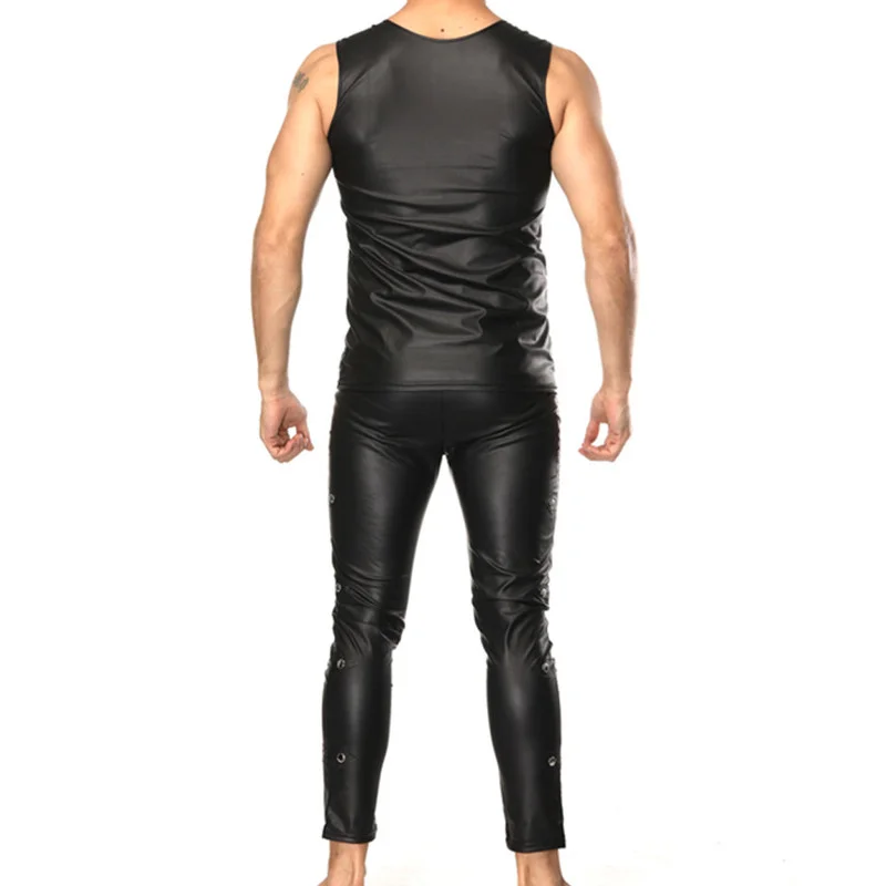 Mens Undershirts Faux Leather Tank Tops Sleeveless T-shirts Stage Vest Dance Club Skinny Pants Long Trousers Or Men Clothes Sets