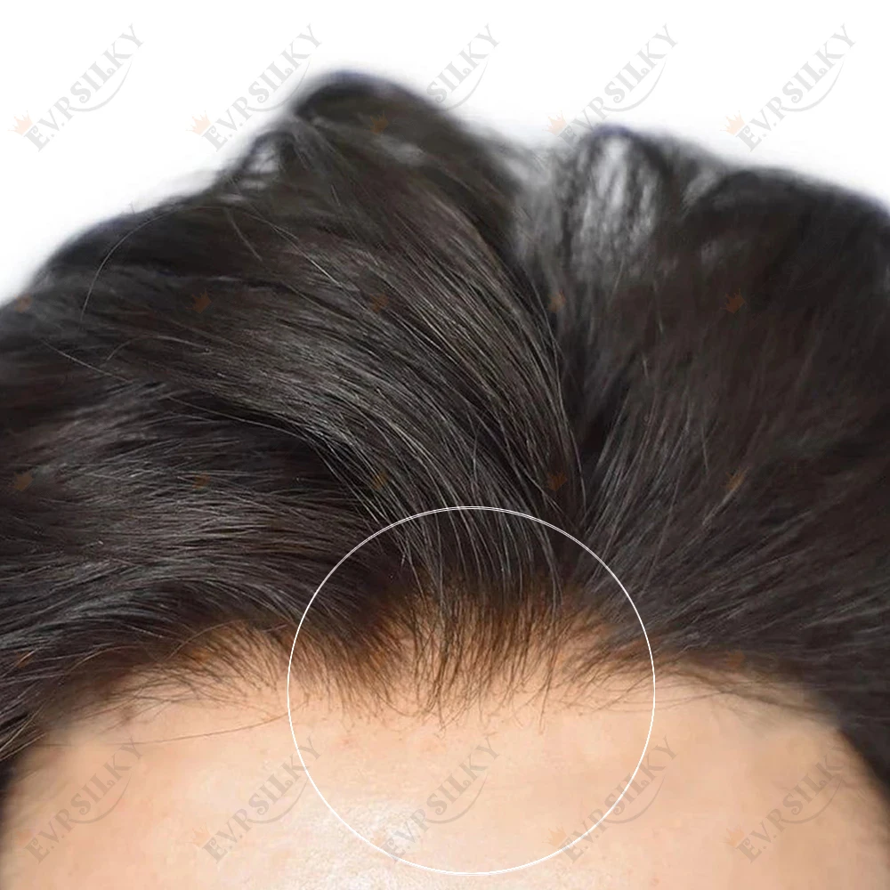 Peluquín Natural para hombres, tupé con Base de piel fina, sistema de reemplazo de cabello humano ondulado de color negro y marrón en Stock