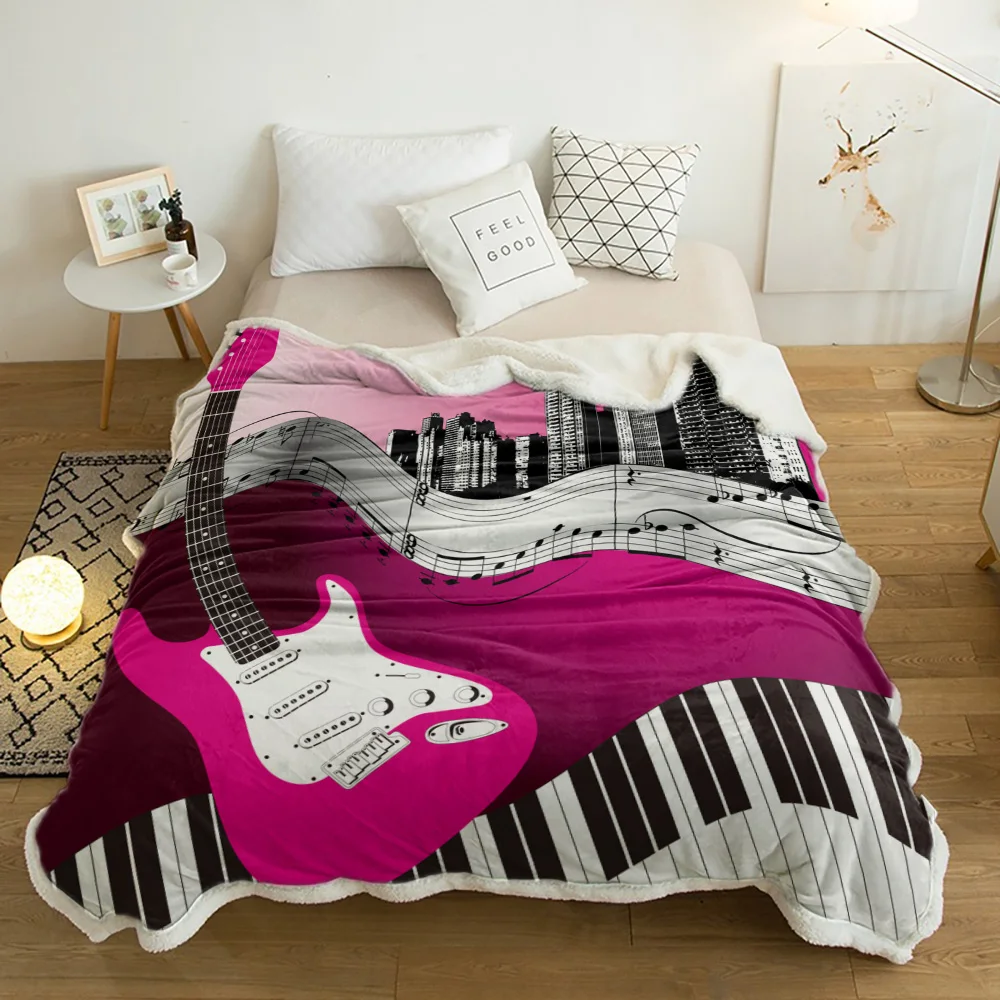 

Electric Guitar Piano Notes Building Lamb Cashmere Fleece Blanket Home Bed Sofa Winter Sherpa Bedding Kids Thick Bedspread