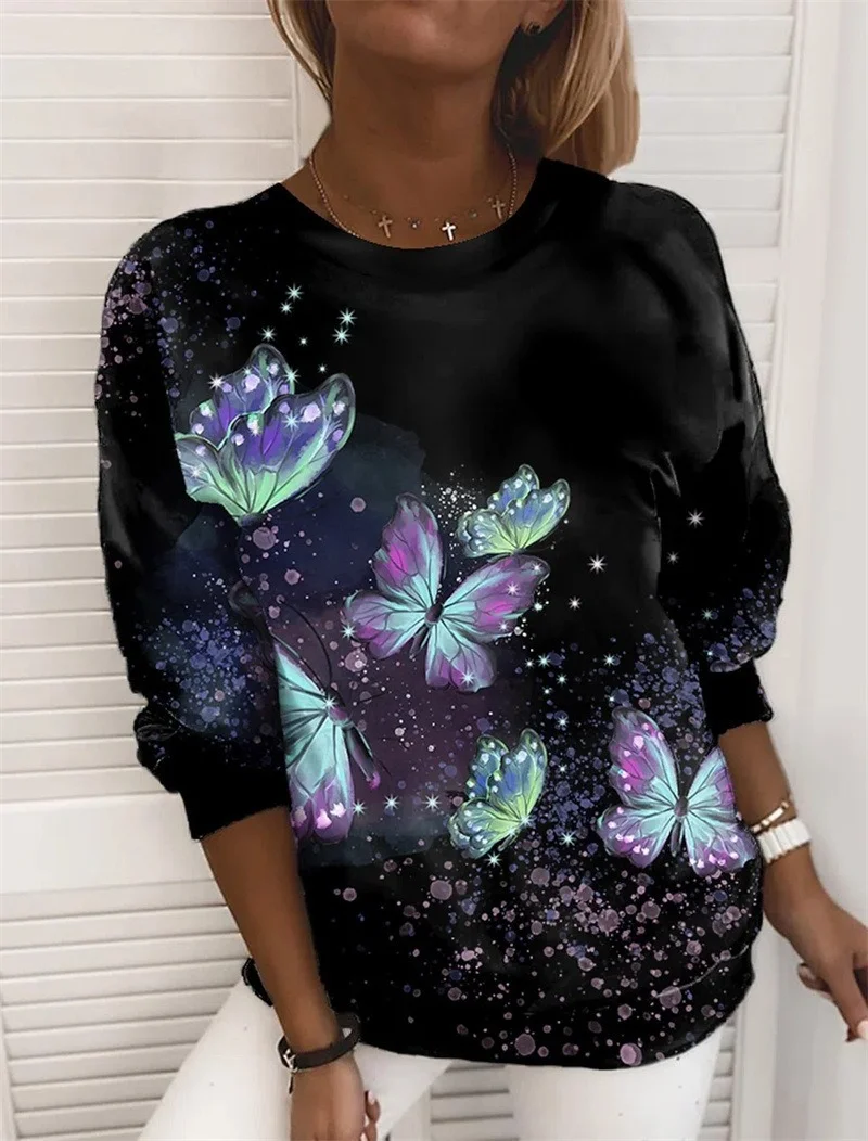 

2022 Fashion Autumn Women Explosion Private Butterfly Sweatshirt Hoodies Printed Long-Sleeved Black Women Y2k Sweatshirt Top