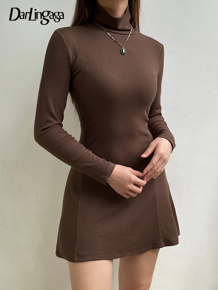 

Darlingaga Brown Knitted Turtleneck Long Sleeve Autumn Winter Dress Women Fashion Basic Slim Casual Dresses Korean Chic Outfits