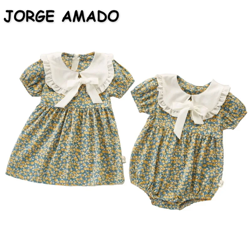 

2022 Summer Sister Matching Clothes Baby Girl Green Yellow Floral Short Sleeves Bodysuit+Puff Sleeves Round Collar Dress E2204